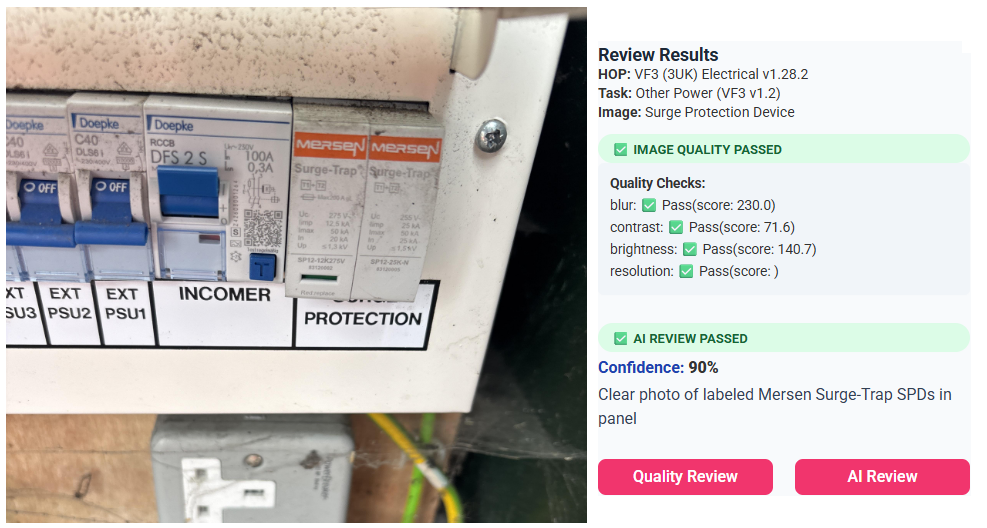 AI review example — image quality and xAI review passed for a Surge Protection Device photo